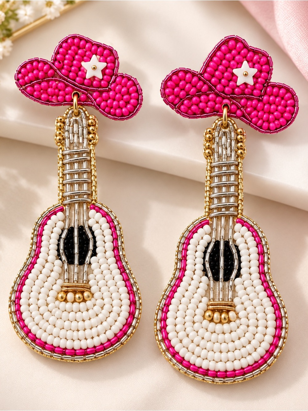 Handcrafted Pink & White Beaded Guitar Earrings - Women Jewelry